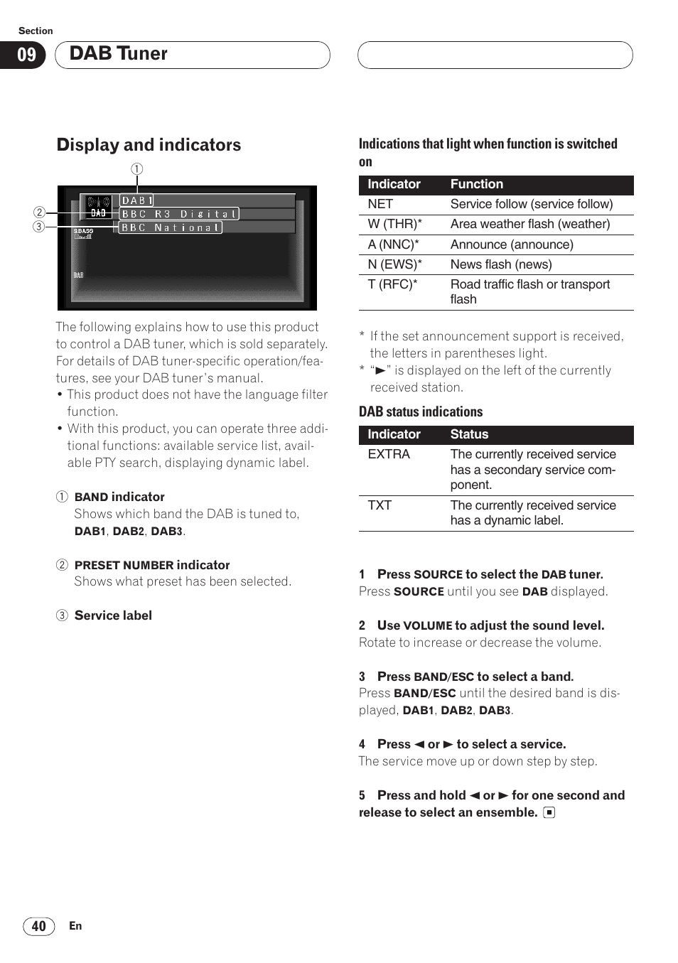 Display and indicators 40, Dab tuner, Display and indicators | Pioneer AVH-P6400CD User Manual | Page 40 / 224