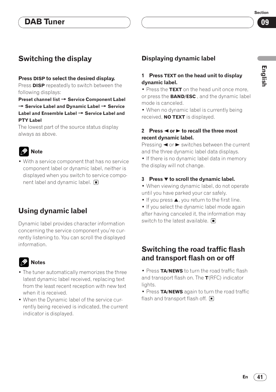Switching the display 41 using dynamic label 41, Displaying dynamic label 41, Switching the road traffic flash and | Transport flash on or off 41, Dab tuner, Switching the display, Using dynamic label | Pioneer AVH-P6400CD User Manual | Page 41 / 224