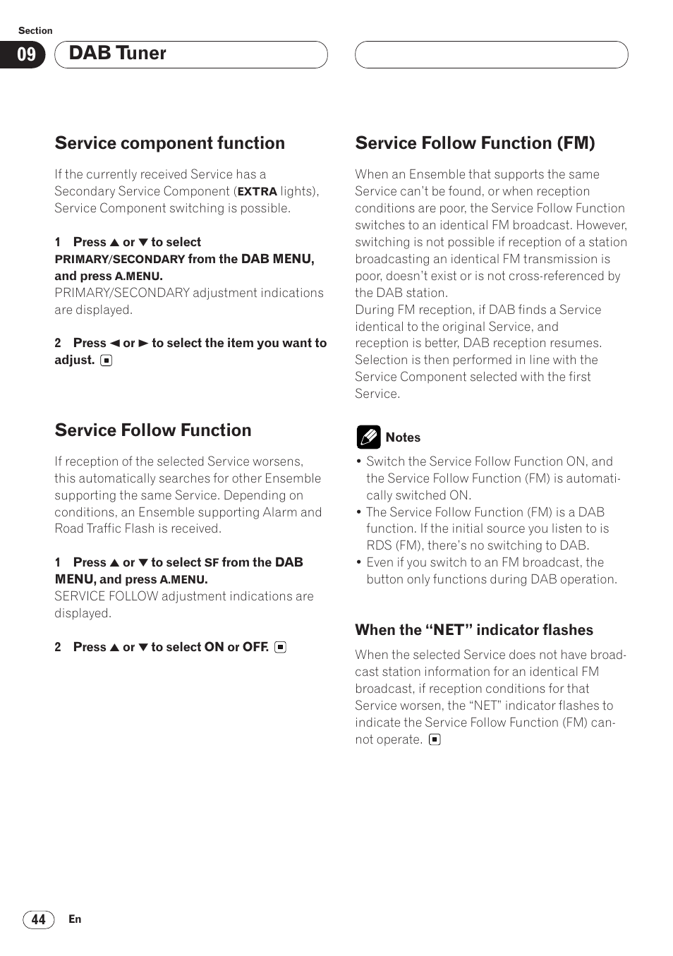 When the “net” indicator flashes 44, Dab tuner, Service component function | Service follow function, Service follow function (fm) | Pioneer AVH-P6400CD User Manual | Page 44 / 224