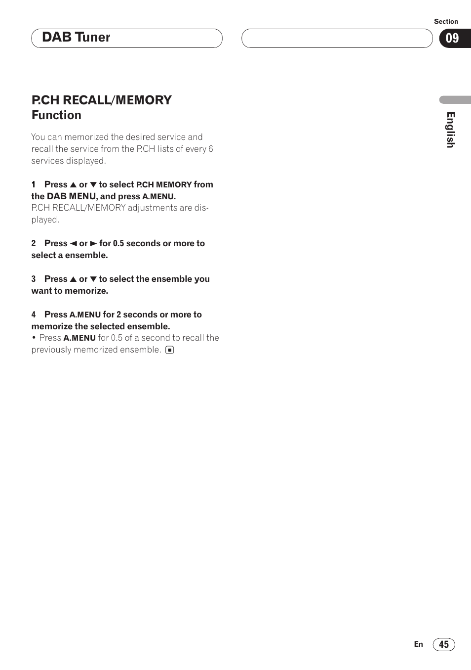 P.ch recall/memory function 45, Dab tuner | Pioneer AVH-P6400CD User Manual | Page 45 / 224