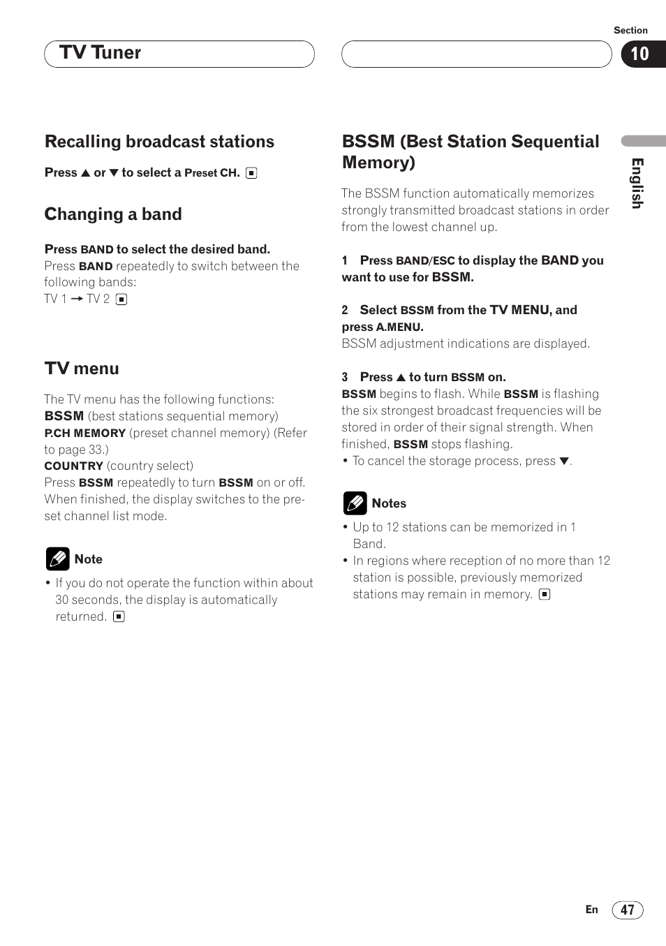 Tv tuner, Recalling broadcast stations, Changing a band | Tv menu | Pioneer AVH-P6400CD User Manual | Page 47 / 224