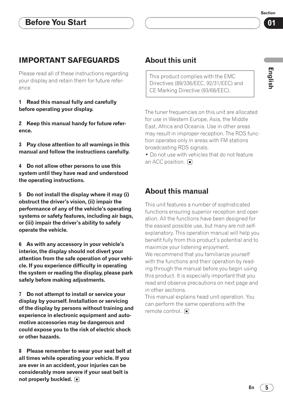 Before you start, Important safeguards, About this unit | About this manual | Pioneer AVH-P6400CD User Manual | Page 5 / 224