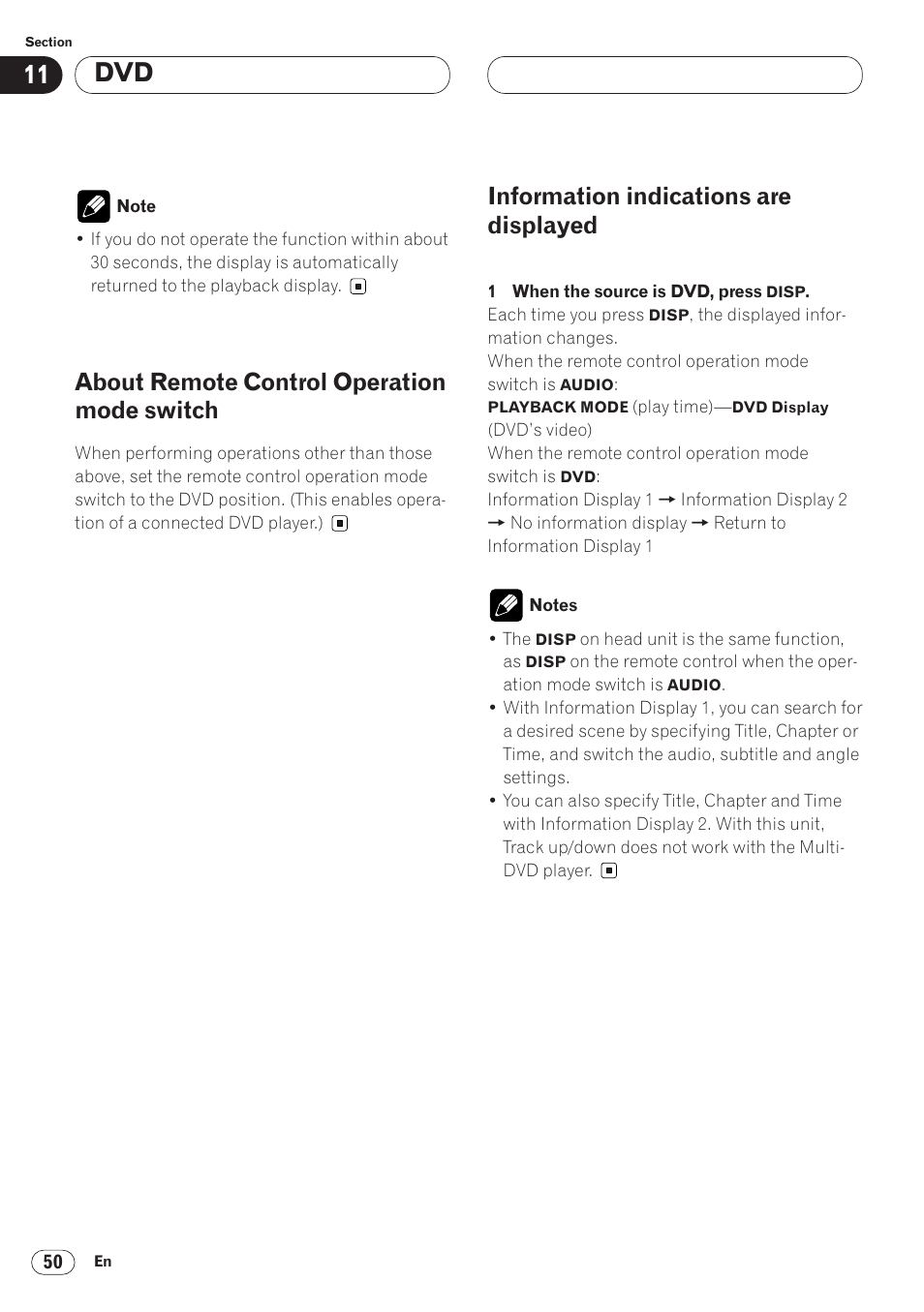 About remote control operation mode, Switch 50, Information indications are displayed 50 | About remote control operation mode switch, Information indications are displayed | Pioneer AVH-P6400CD User Manual | Page 50 / 224