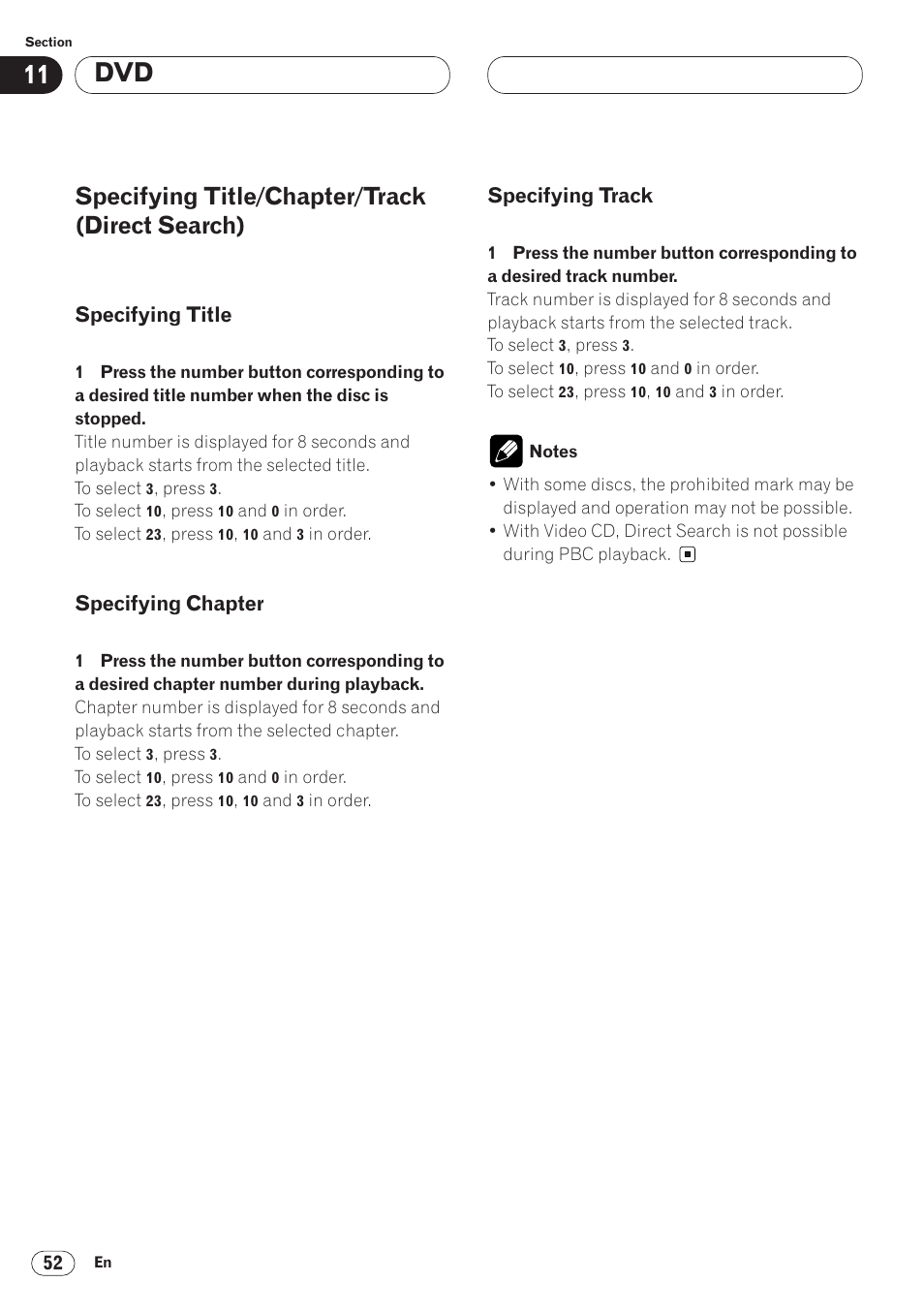 Specifying title/chapter/track, Specifying title/chapter/track (direct search), Specifying title | Specifying chapter, Specifying track | Pioneer AVH-P6400CD User Manual | Page 52 / 224