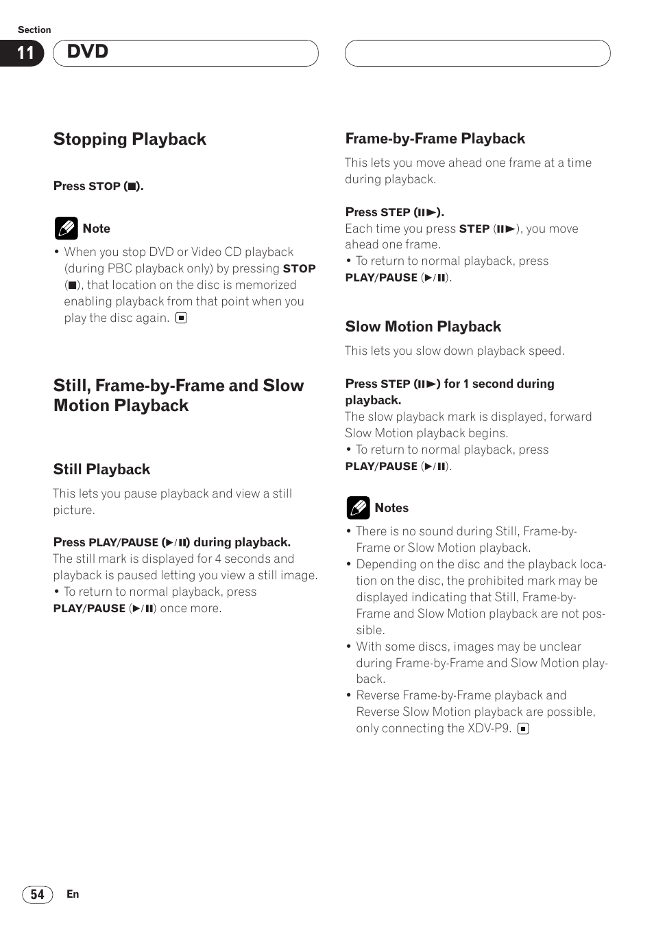 Stopping playback, Still, frame-by-frame and slow motion playback | Pioneer AVH-P6400CD User Manual | Page 54 / 224