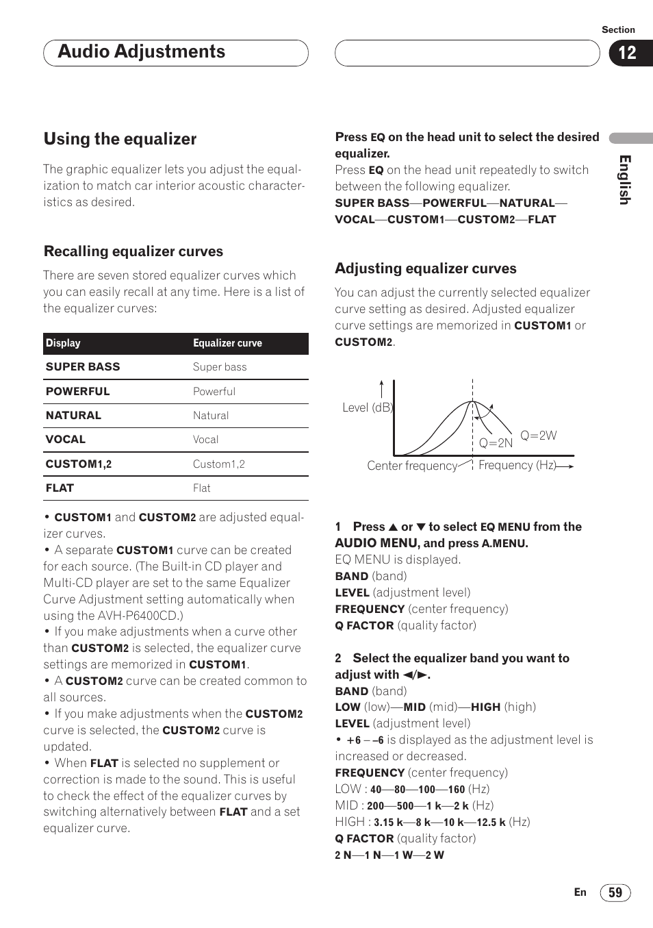 Using the equalizer 59, Audio adjustments, Using the equalizer | Recalling equalizer curves, Adjusting equalizer curves | Pioneer AVH-P6400CD User Manual | Page 59 / 224