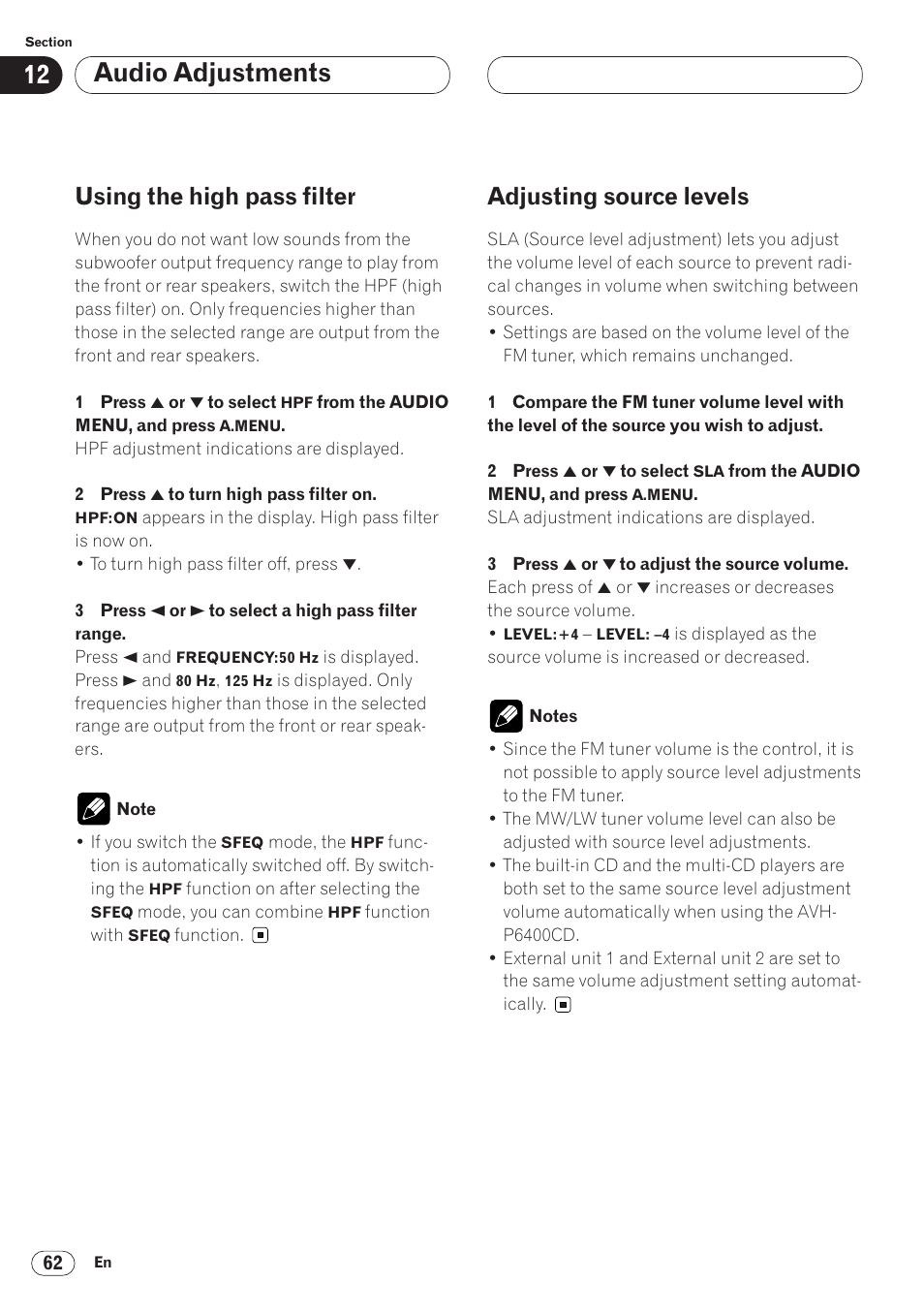 Audio adjustments, Using the high pass filter, Adjusting source levels | Pioneer AVH-P6400CD User Manual | Page 62 / 224