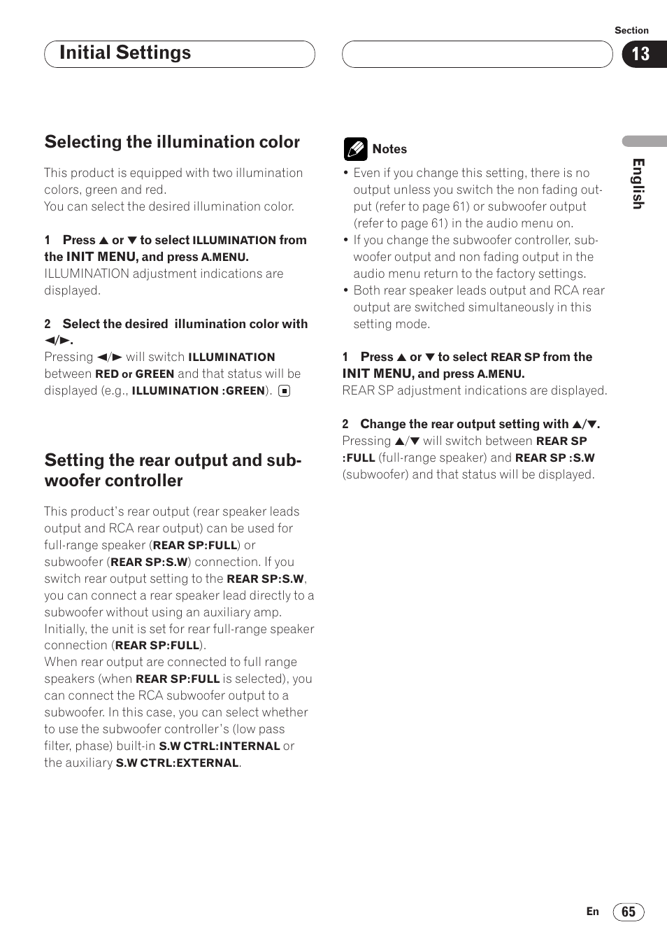 Selecting the illumination color 65, Setting the rear output and, Subwoofer controller 65 | Initial settings, Selecting the illumination color, Setting the rear output and sub- woofer controller | Pioneer AVH-P6400CD User Manual | Page 65 / 224