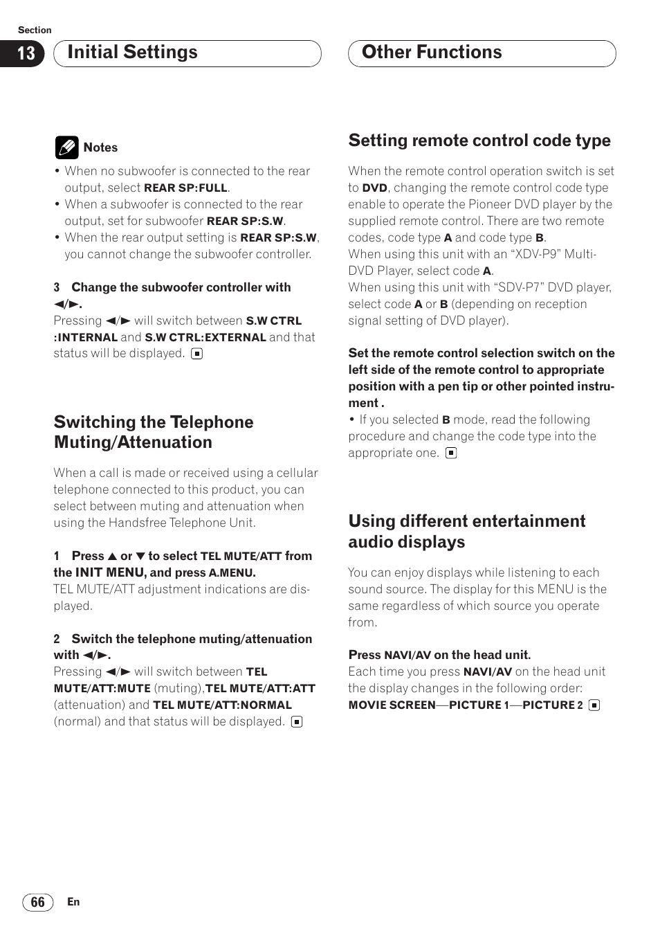 Switching the telephone, Muting/attenuation 66, Displays 66 | Other functions, Initial settings, Switching the telephone muting/attenuation, Setting remote control code type, Using different entertainment audio displays | Pioneer AVH-P6400CD User Manual | Page 66 / 224