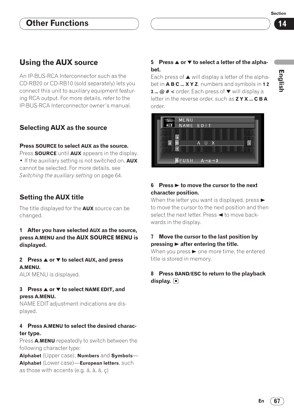 Using the aux source 67, Other functions, Using the aux source | Pioneer AVH-P6400CD User Manual | Page 67 / 224