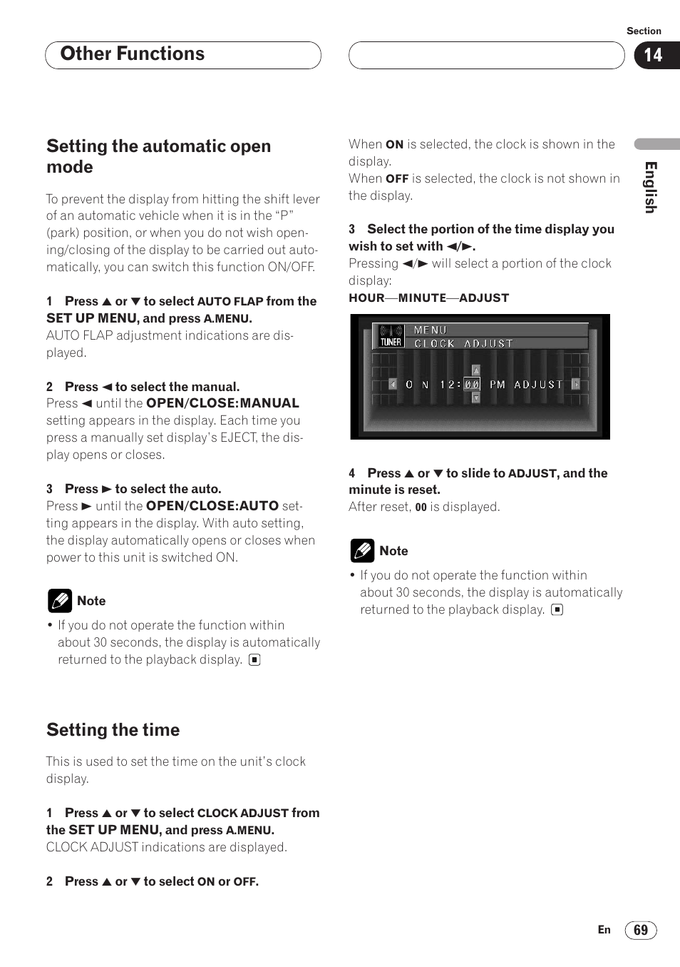 Other functions, Setting the automatic open mode, Setting the time | Pioneer AVH-P6400CD User Manual | Page 69 / 224