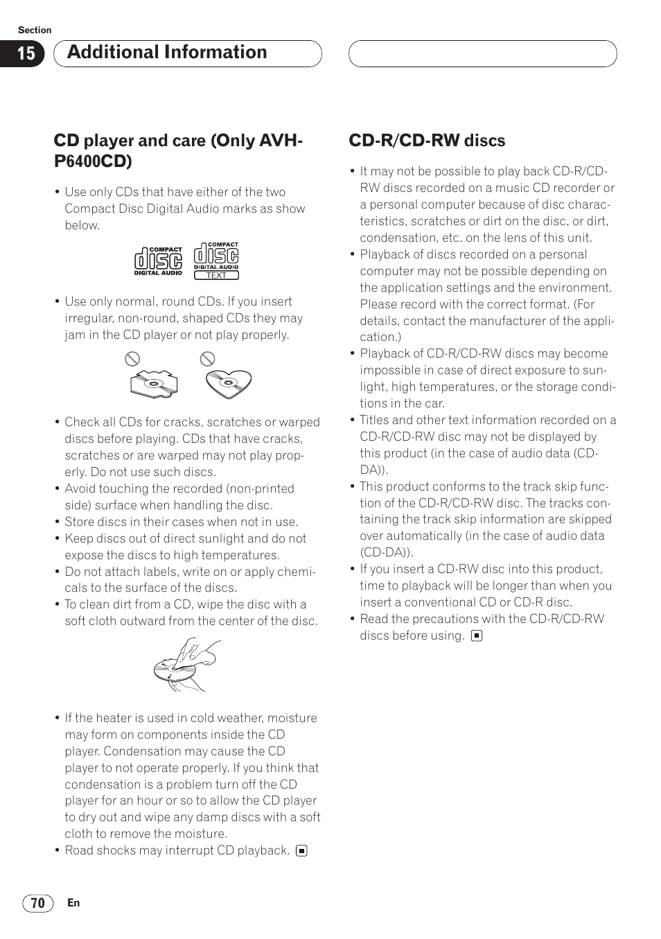 Additional information, Cd player and care (only avh- p6400cd), Cd-r/cd-rw discs | Pioneer AVH-P6400CD User Manual | Page 70 / 224