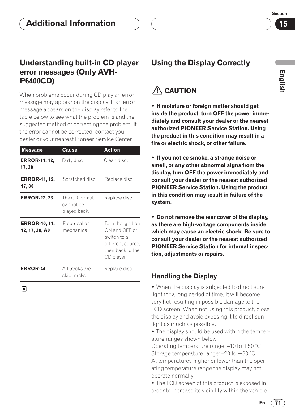 Understanding built-in cd player error, Messages (only avh-p6400cd) 71, Using the display correctly 71 | Handling the display 71, Additional information, Using the display correctly | Pioneer AVH-P6400CD User Manual | Page 71 / 224