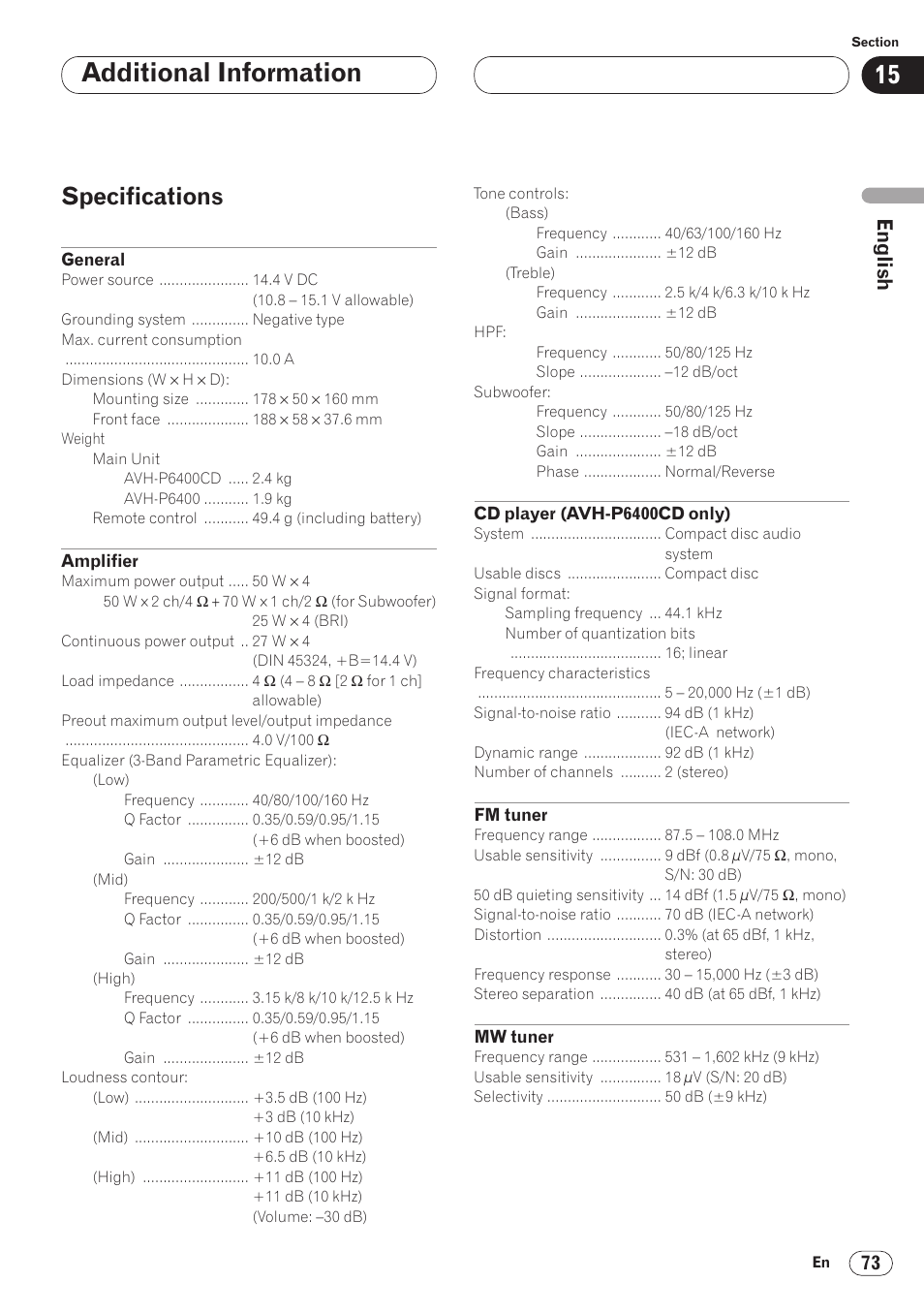 Specifications 73, Additional information, Specifications | Pioneer AVH-P6400CD User Manual | Page 73 / 224