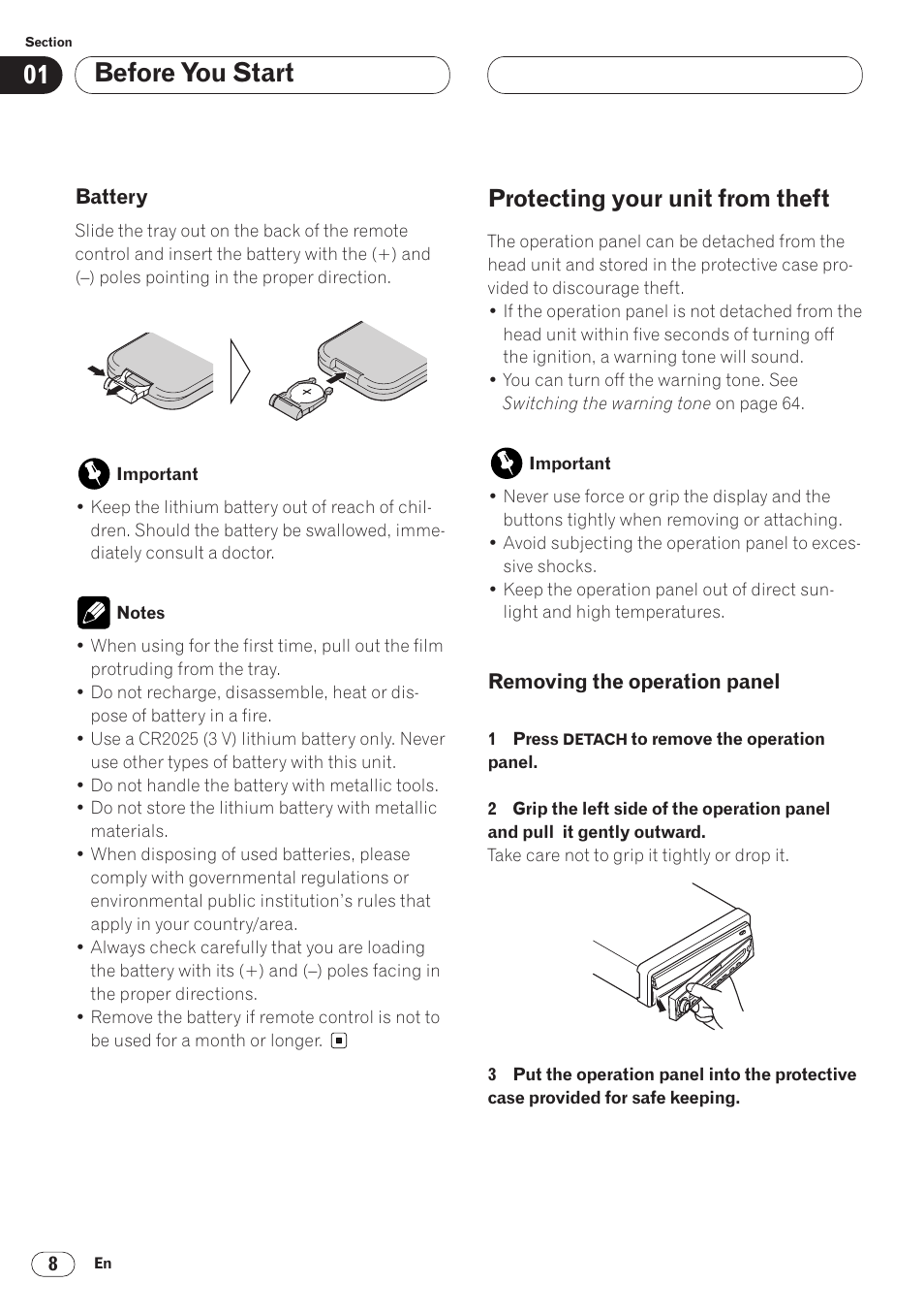 Battery 8, Protecting your unit from theft 8, Removing the operation panel 8 | Before you start, Protecting your unit from theft | Pioneer AVH-P6400CD User Manual | Page 8 / 224
