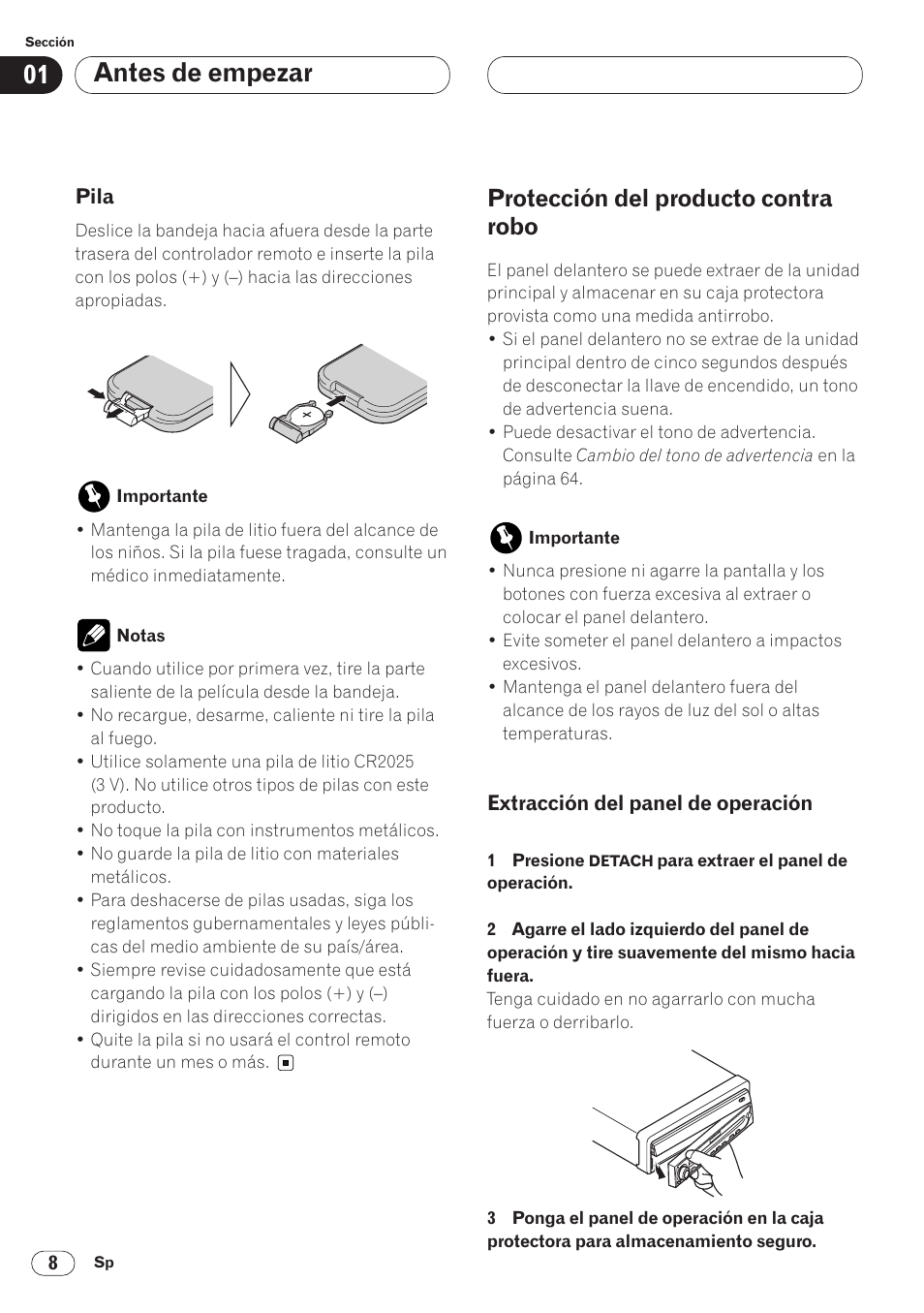 Pila 8, Protección del producto contra robo 8, Extracción del panel de operación 8 | Antes de empezar, Protección del producto contra robo | Pioneer AVH-P6400CD User Manual | Page 82 / 224