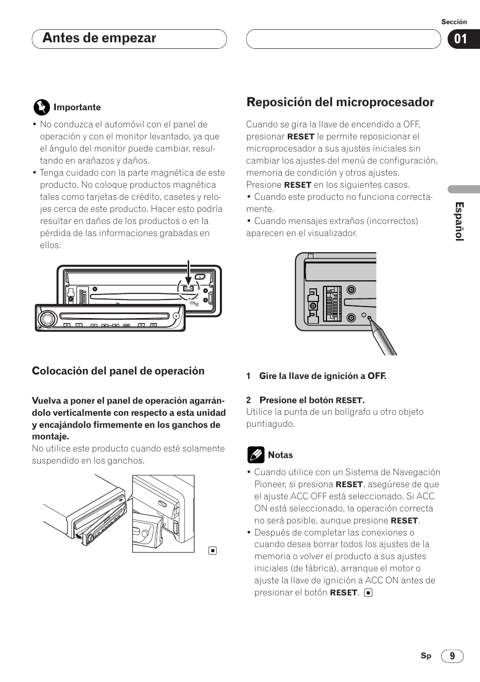 Colocación del panel de operación 9, Reposición del microprocesador 9, Antes de empezar | Reposición del microprocesador | Pioneer AVH-P6400CD User Manual | Page 83 / 224