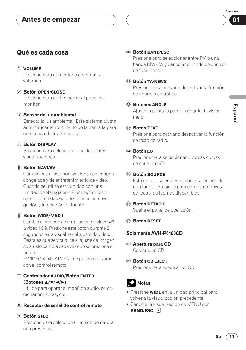Qué es cada cosa 11, Antes de empezar, Qué es cada cosa | Pioneer AVH-P6400CD User Manual | Page 85 / 224