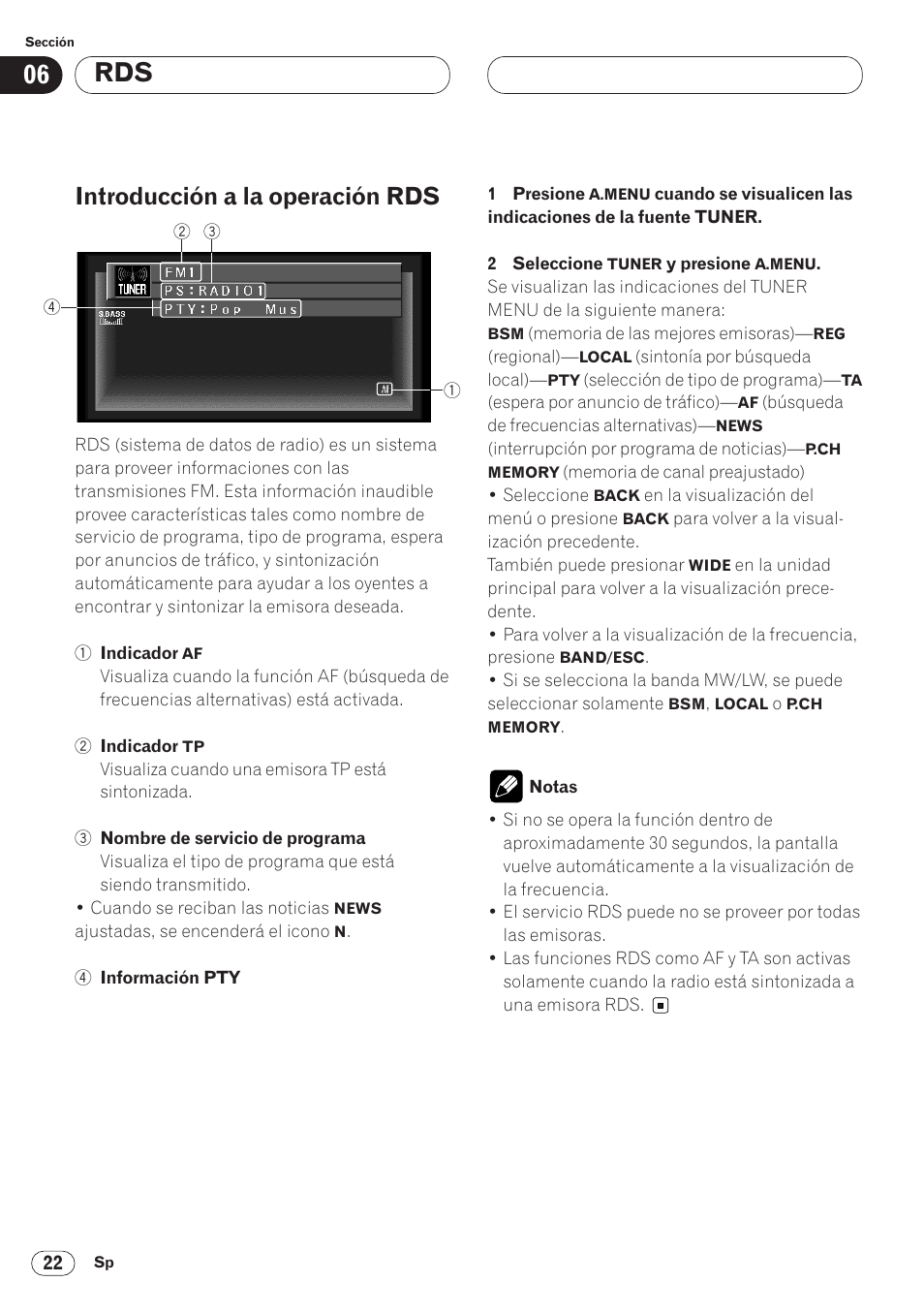 Introducción a la operación rds 22, Introducción a la operación rds | Pioneer AVH-P6400CD User Manual | Page 96 / 224