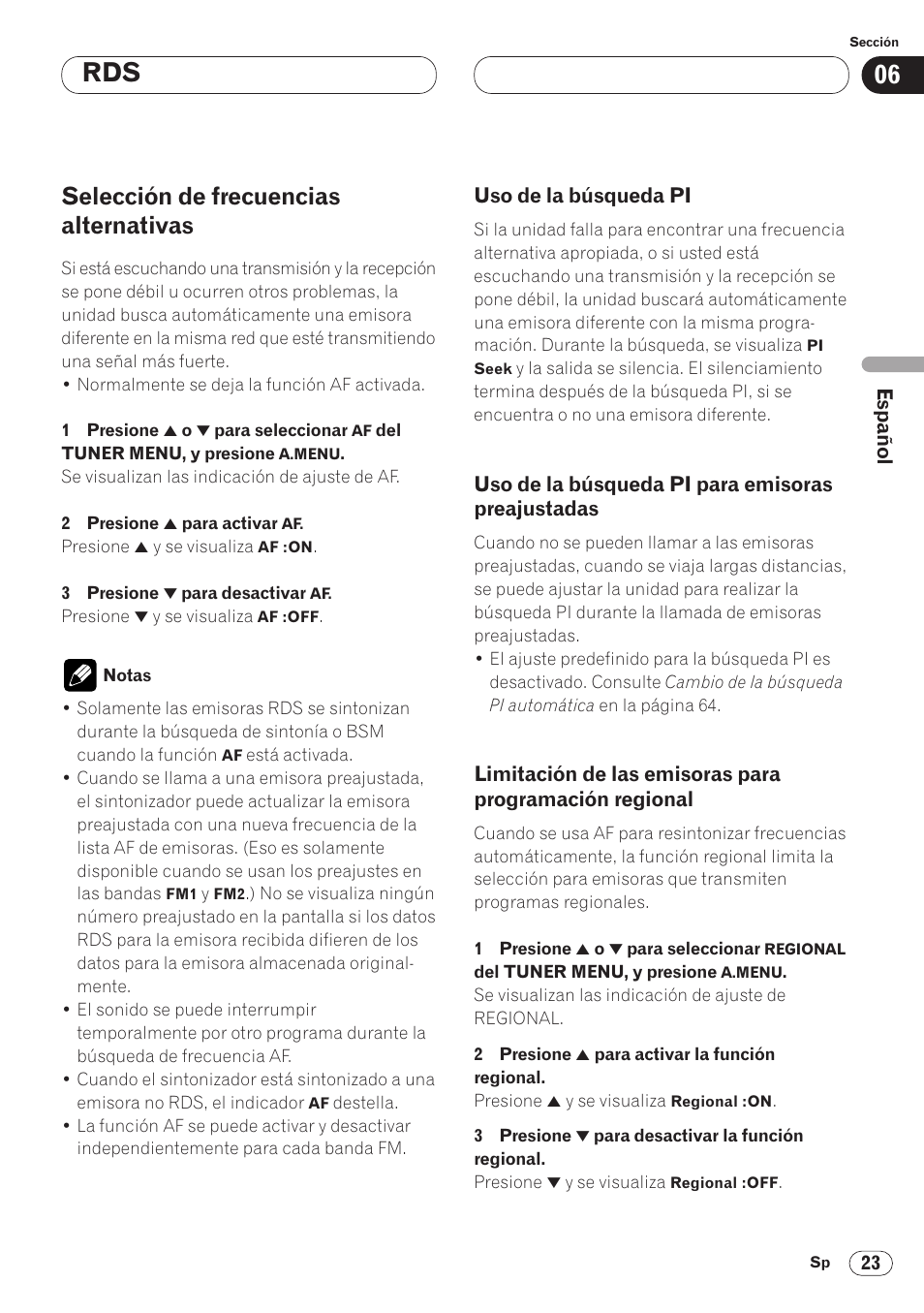 Selección de frecuencias, Preajustadas 23, Limitación de las emisoras para | Programación regional 23, Selección de frecuencias alternativas | Pioneer AVH-P6400CD User Manual | Page 97 / 224