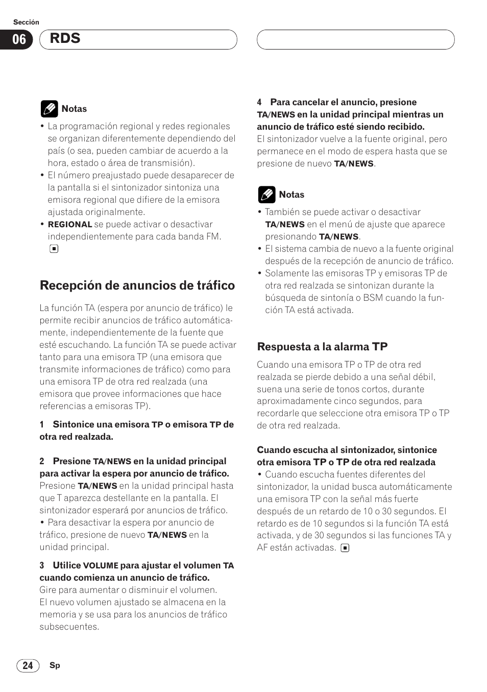 Recepción de anuncios de tráfico 24, Respuesta a la alarma tp 24, Recepción de anuncios de tráfico | Pioneer AVH-P6400CD User Manual | Page 98 / 224