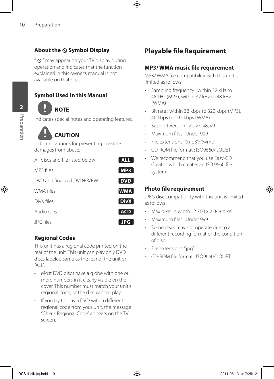 Playable file requirement | Pioneer DCS-414K User Manual | Page 10 / 48