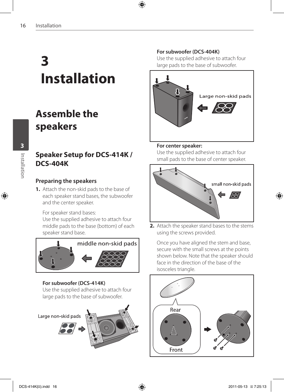 3installation, Assemble the speakers | Pioneer DCS-414K User Manual | Page 16 / 48