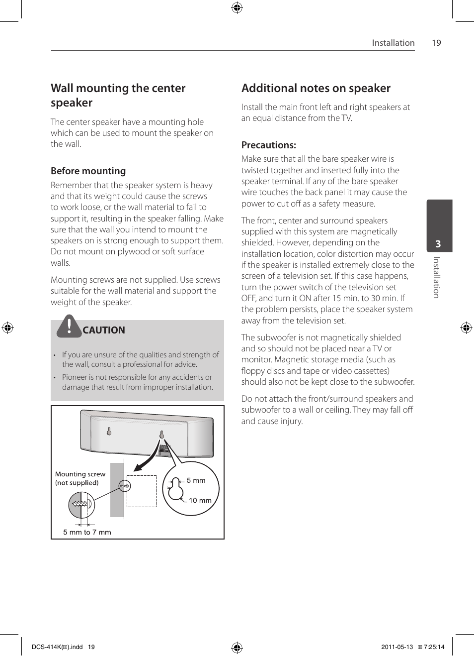 Wall mounting the center speaker | Pioneer DCS-414K User Manual | Page 19 / 48