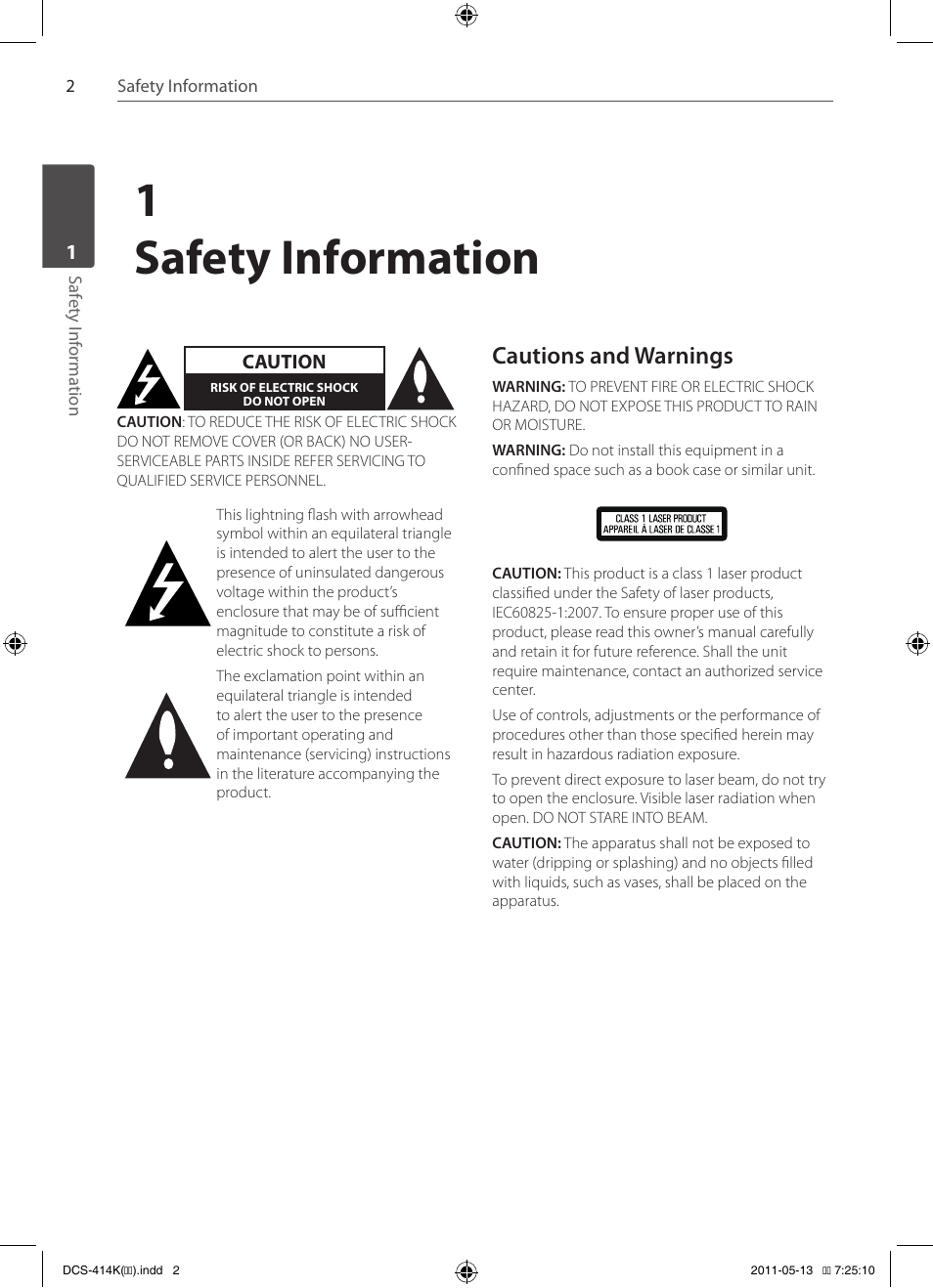 1safety information, Cautions and warnings | Pioneer DCS-414K User Manual | Page 2 / 48