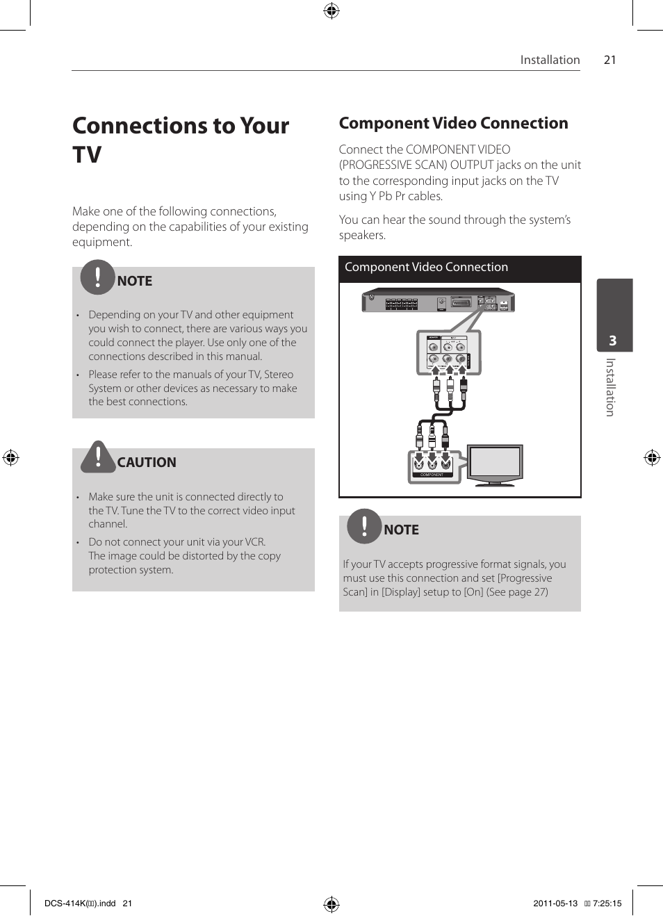 Connections to your tv, Component video connection | Pioneer DCS-414K User Manual | Page 21 / 48