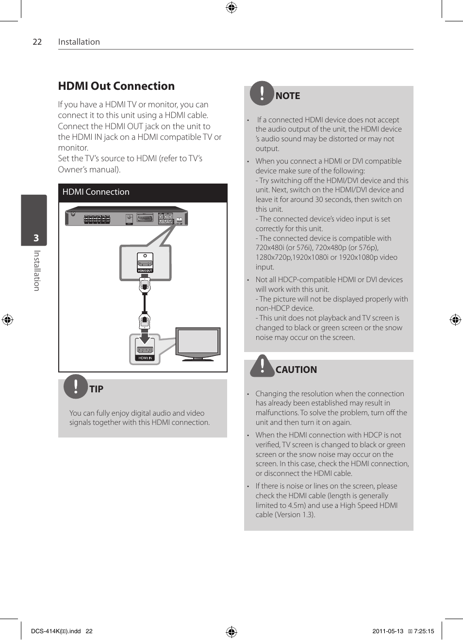 Hdmi out connection | Pioneer DCS-414K User Manual | Page 22 / 48