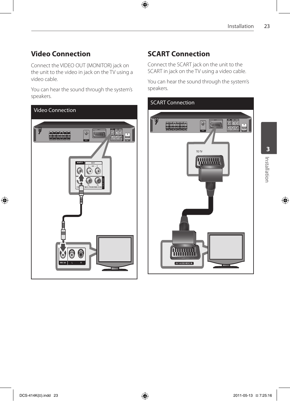 Video connection, Scart connection | Pioneer DCS-414K User Manual | Page 23 / 48