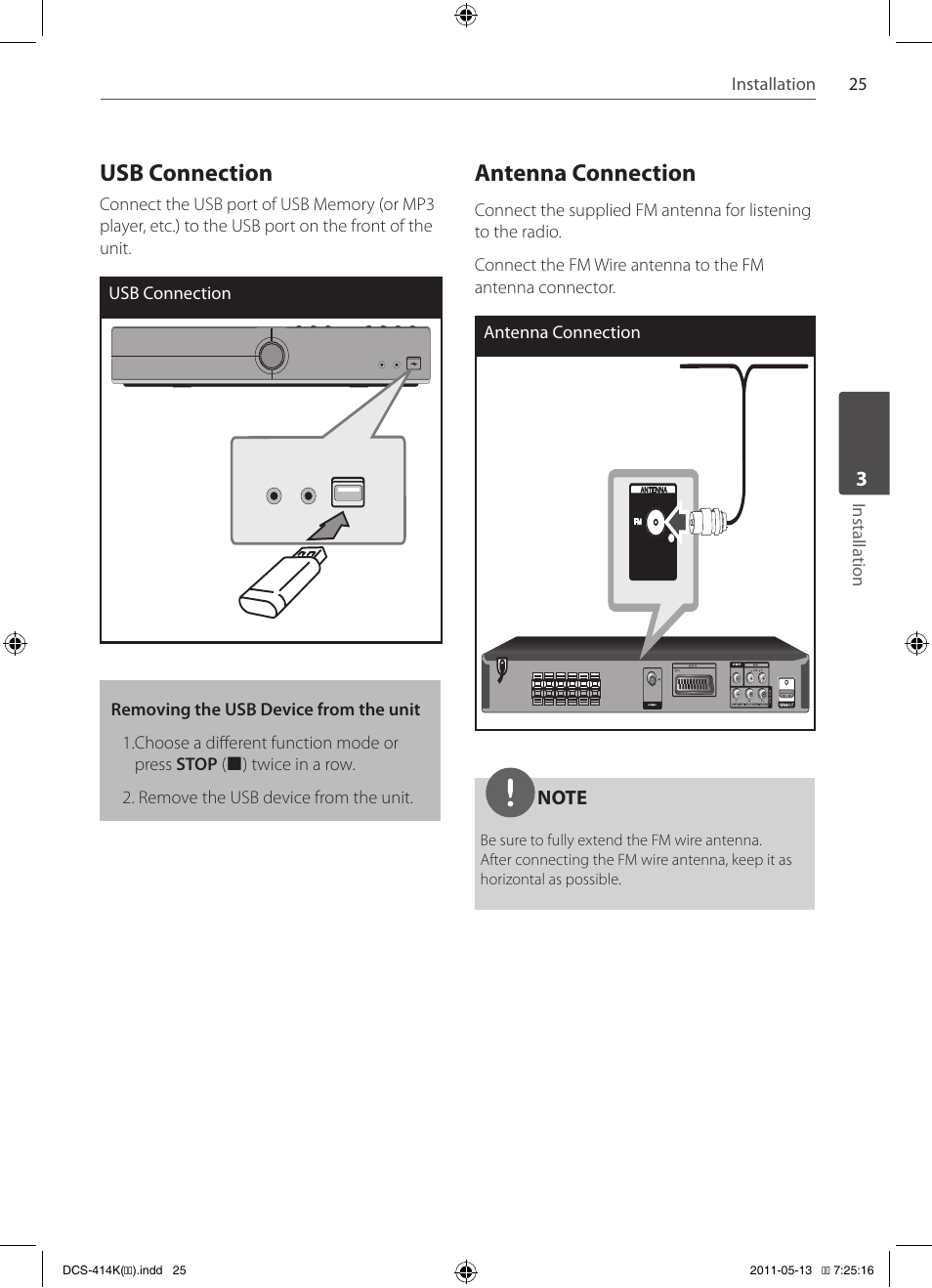 Usb connection, Antenna connection | Pioneer DCS-414K User Manual | Page 25 / 48
