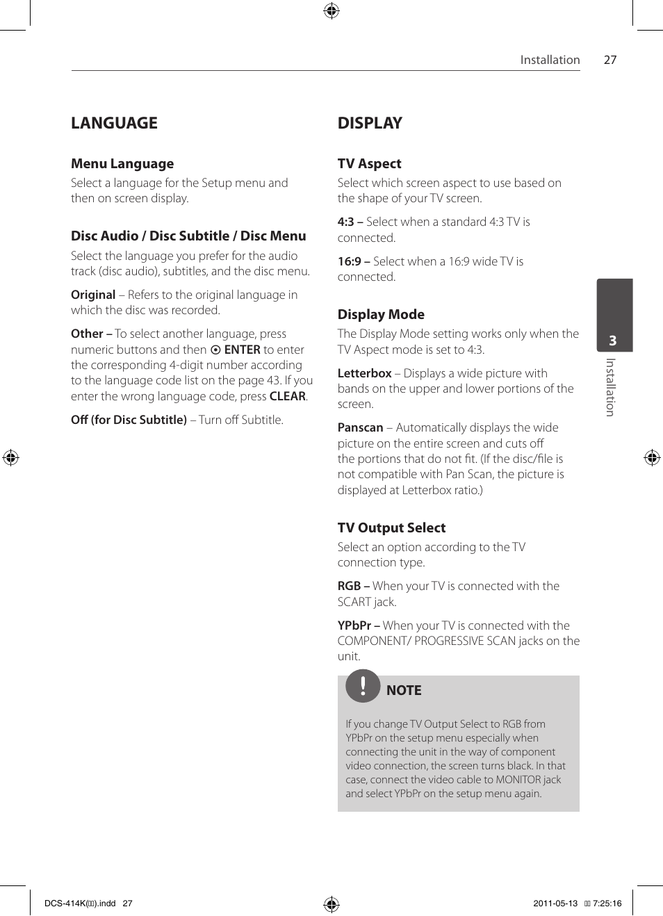 Language, Display | Pioneer DCS-414K User Manual | Page 27 / 48