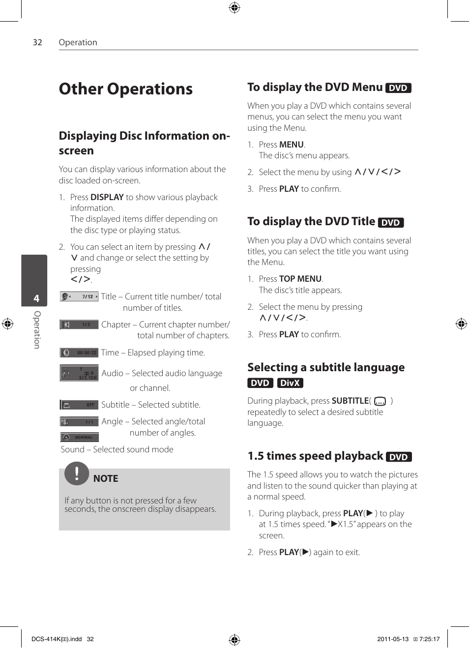 Other operations, Displaying disc information on- screen, Selecting a subtitle language | 5 times speed playback | Pioneer DCS-414K User Manual | Page 32 / 48