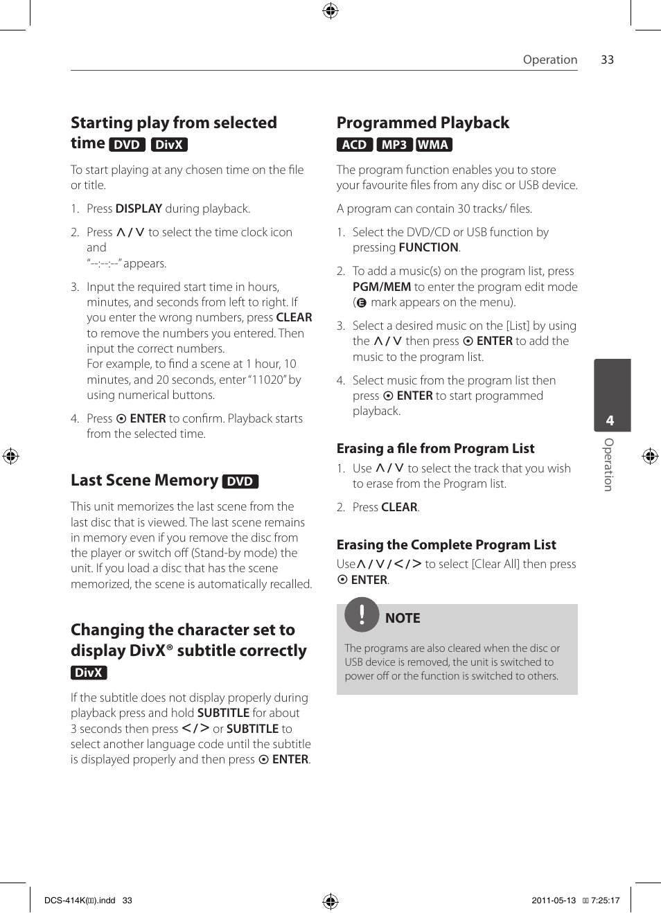 Starting play from selected time, Programmed playback | Pioneer DCS-414K User Manual | Page 33 / 48
