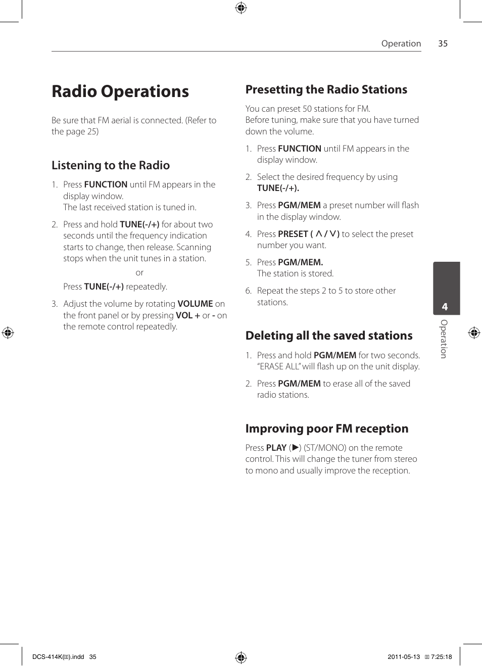 Radio operations, Listening to the radio, Presetting the radio stations | Deleting all the saved stations, Improving poor fm reception | Pioneer DCS-414K User Manual | Page 35 / 48
