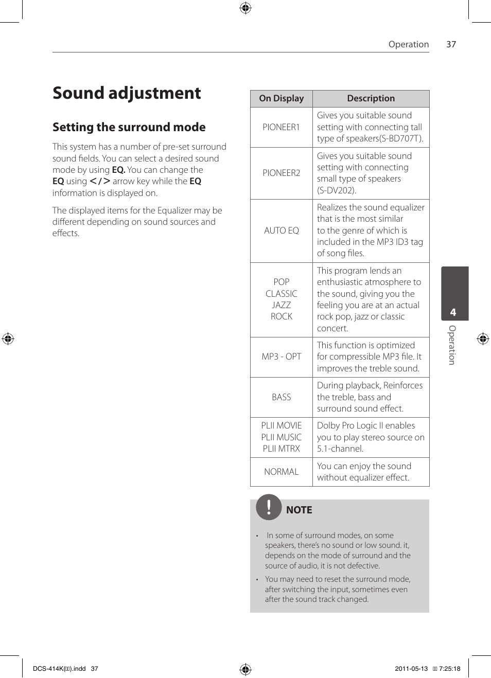Sound adjustment, Setting the surround mode | Pioneer DCS-414K User Manual | Page 37 / 48