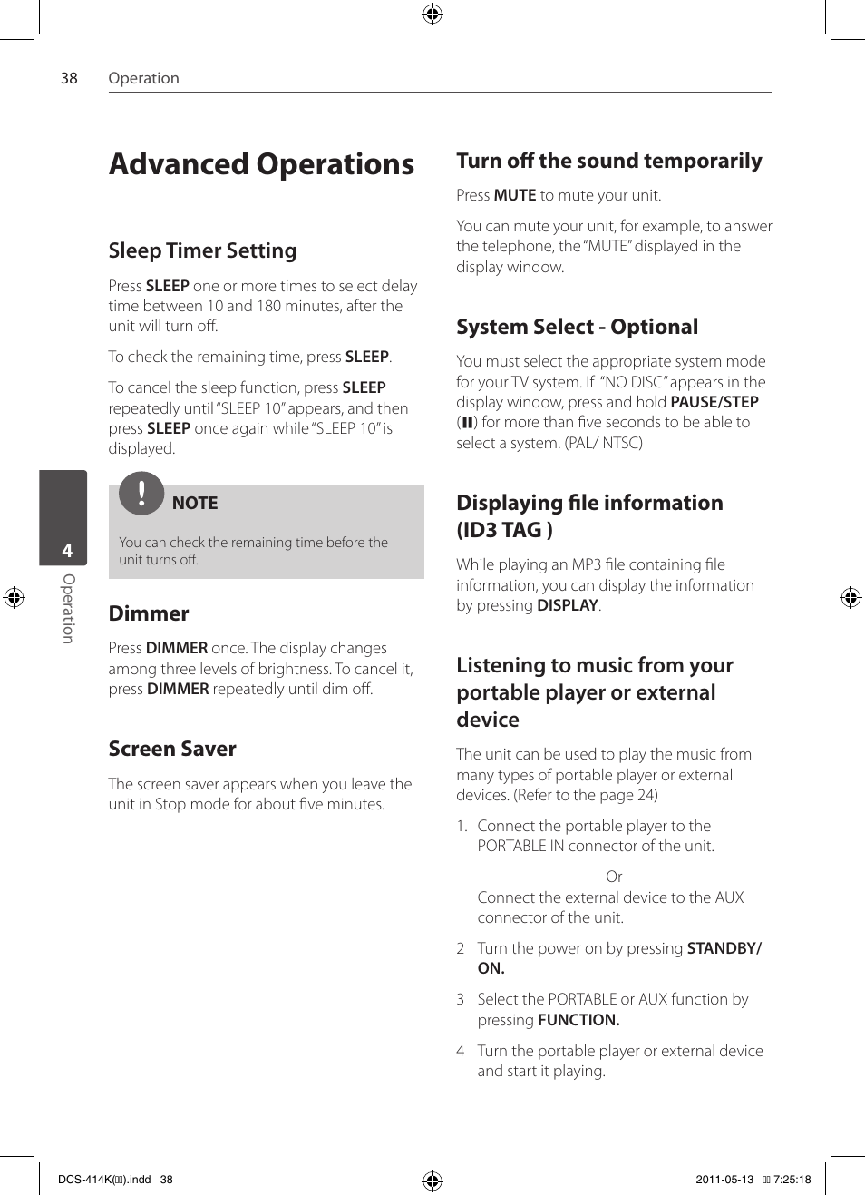 Advanced operations, Sleep timer setting, Dimmer | Screen saver, Turn off the sound temporarily, System select - optional, Displaying file information, Id3 tag ), Listening to music from your, Portable player or external device | Pioneer DCS-414K User Manual | Page 38 / 48