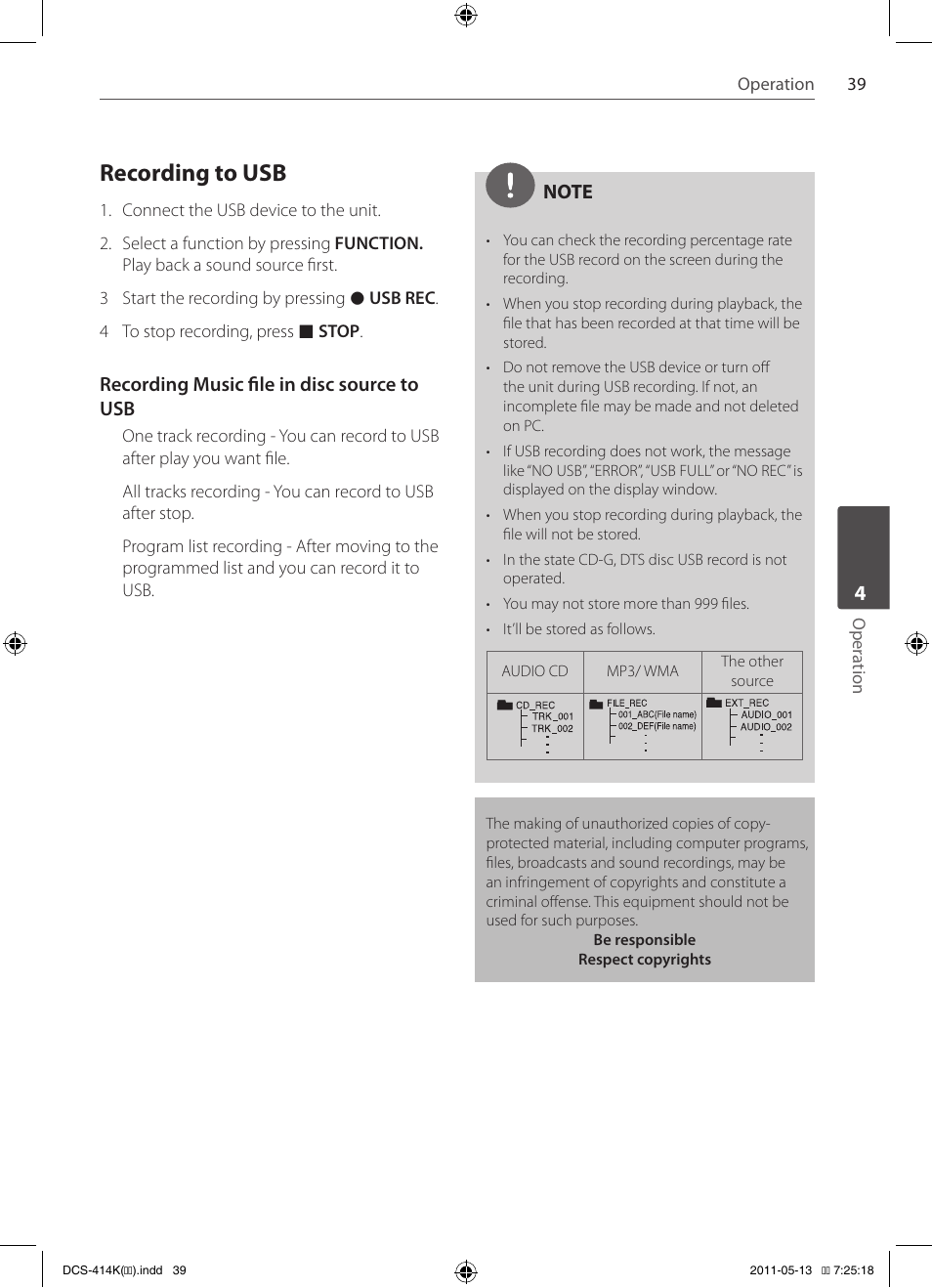 Recording to usb | Pioneer DCS-414K User Manual | Page 39 / 48