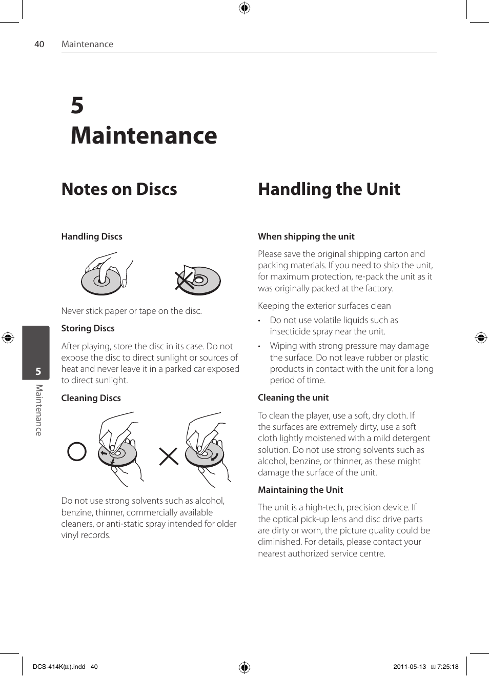 Notes on discs, Handling the unit, 5maintenance | Pioneer DCS-414K User Manual | Page 40 / 48