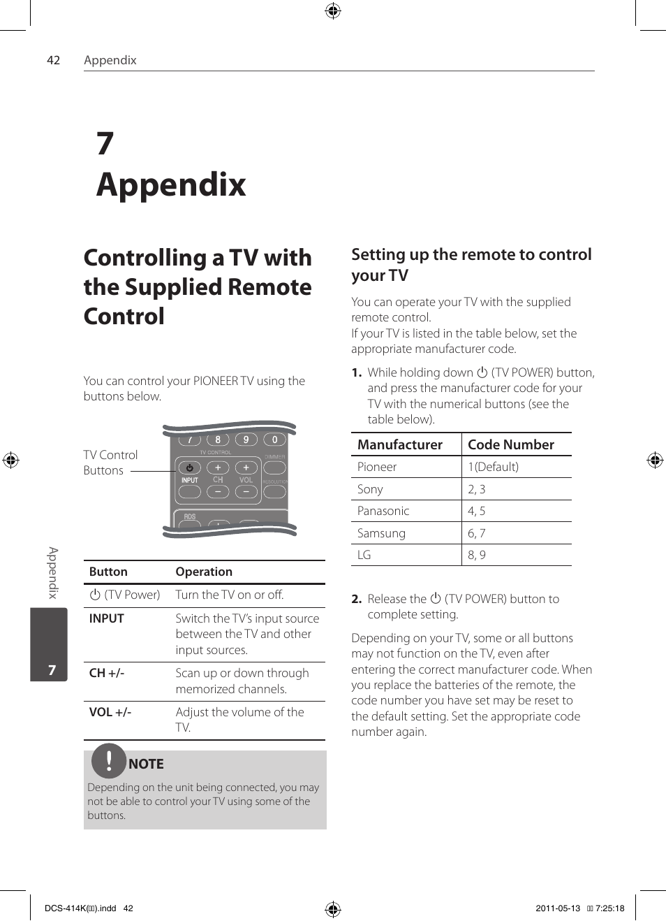 Controlling a tv with the supplied remote control, 7appendix, Setting up the remote to control your tv | Pioneer DCS-414K User Manual | Page 42 / 48