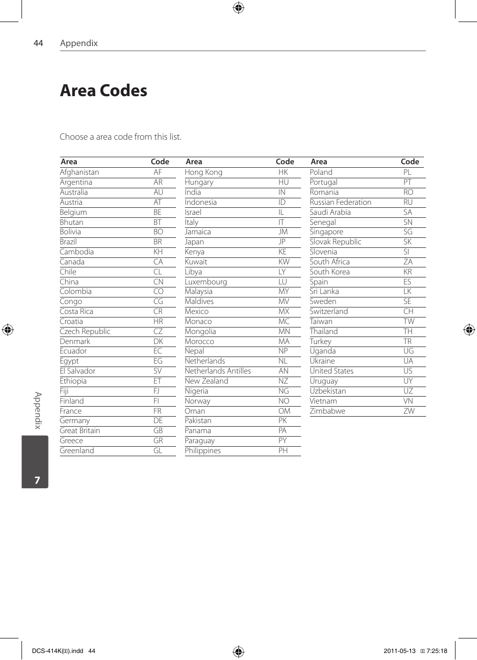 Area codes | Pioneer DCS-414K User Manual | Page 44 / 48