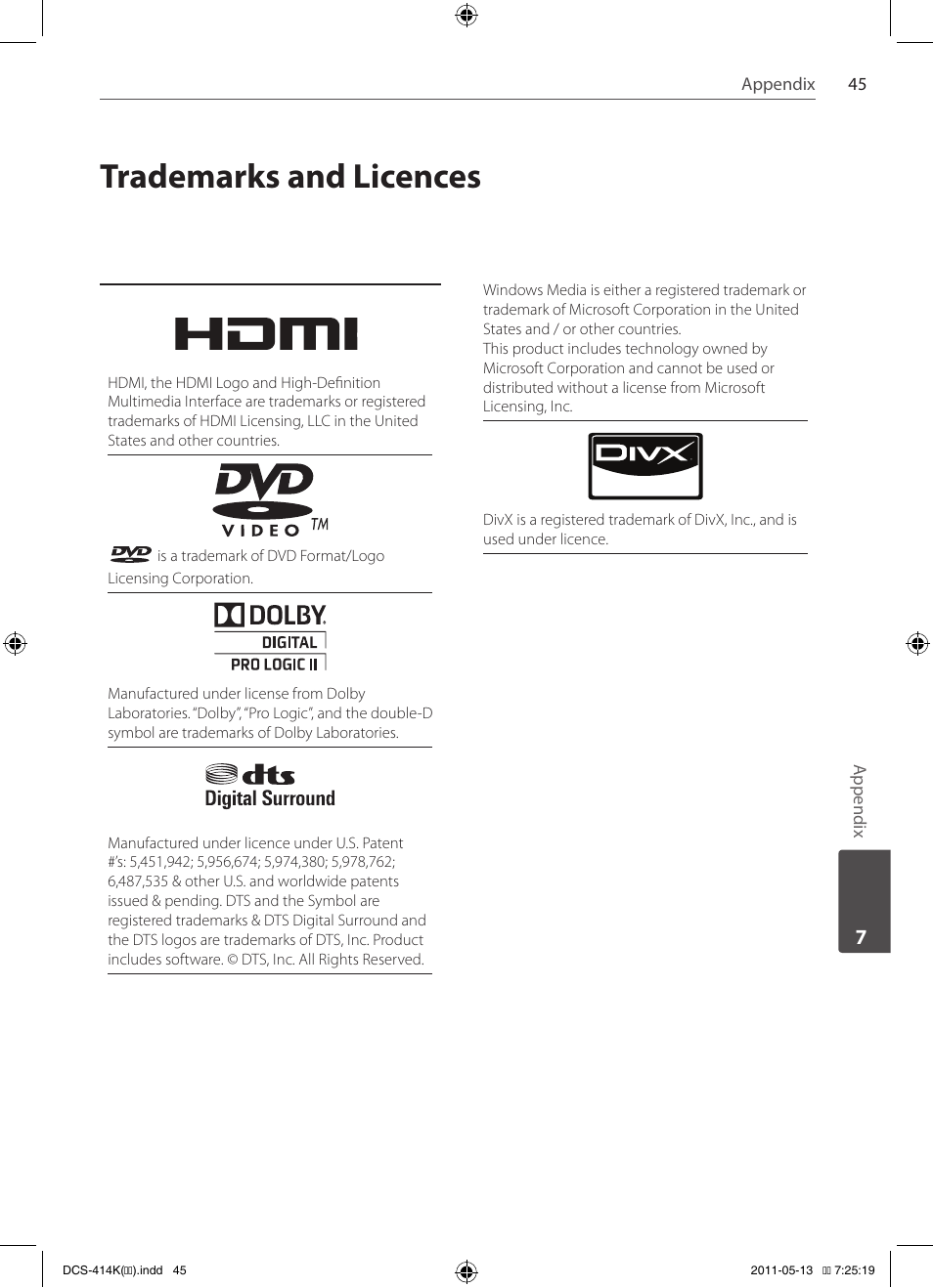 Trademarks and licences | Pioneer DCS-414K User Manual | Page 45 / 48