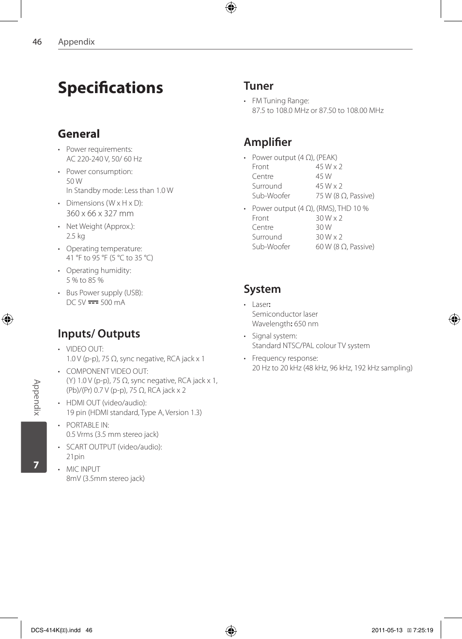 Specifications, General, Inputs/ outputs | Tuner, Amplifier, System | Pioneer DCS-414K User Manual | Page 46 / 48
