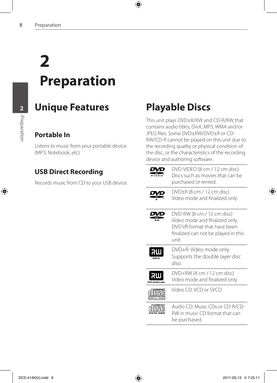 Preparation, Unique features, Playable discs | Pioneer DCS-414K User Manual | Page 8 / 48