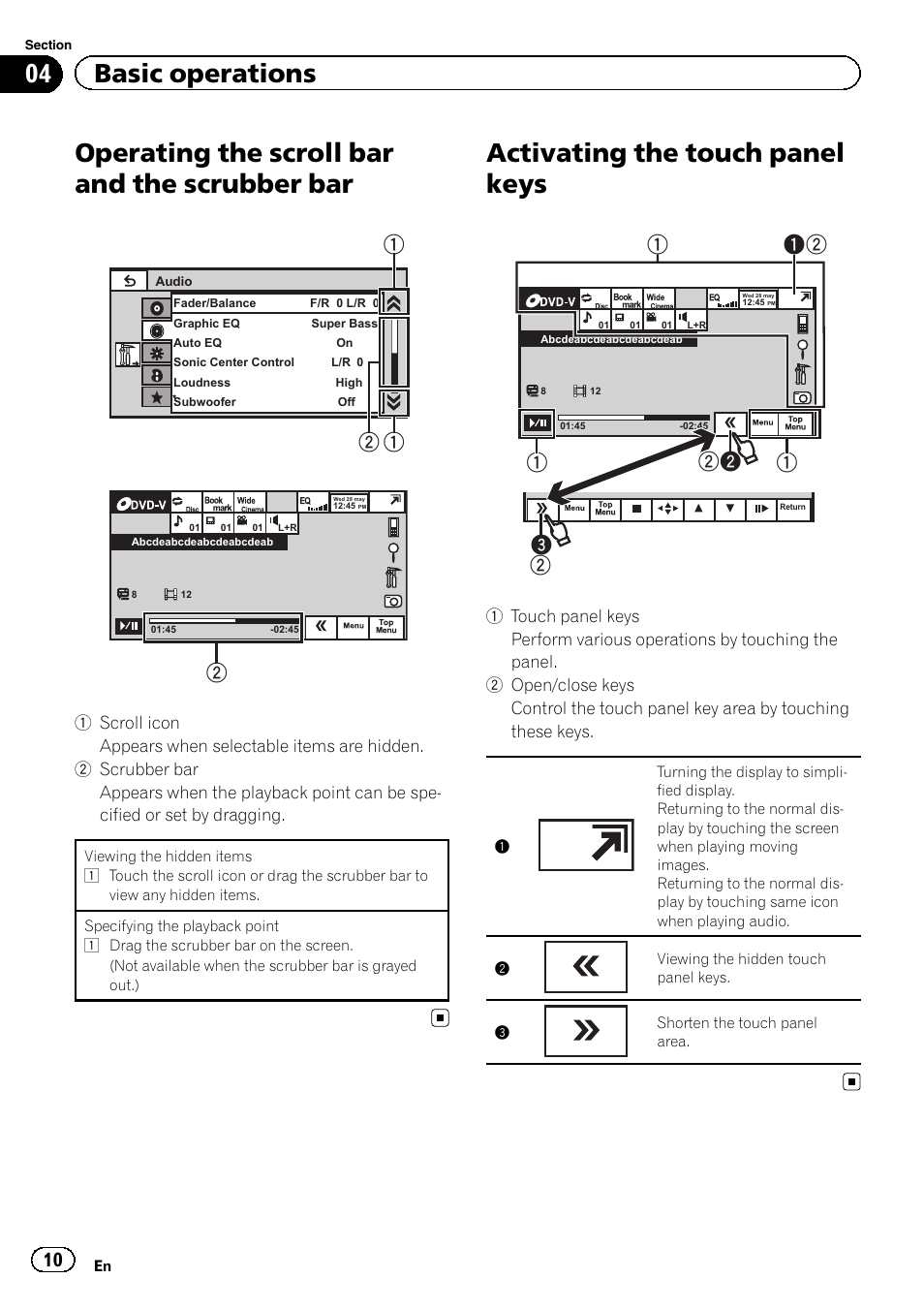 Operating the scroll bar and the scrubber, Activating the touch panel keys, Operating the scroll bar and the scrubber bar | 04 basic operations | Pioneer AVH-3300BT User Manual | Page 10 / 96