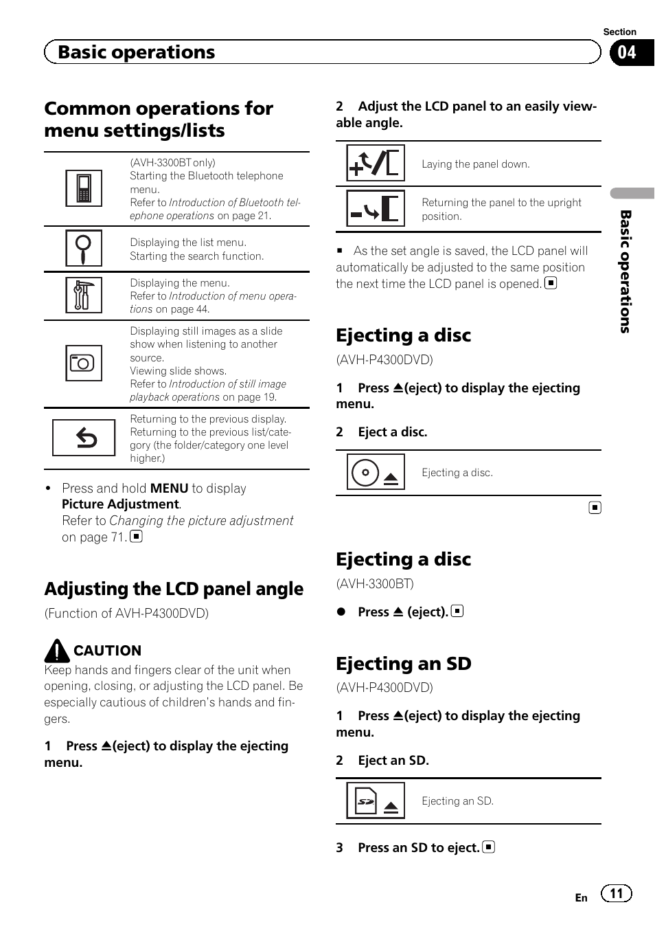 Common operations for menu settings, Lists, Adjusting the lcd panel angle | Ejecting a disc, Ejecting an sd, Common operations for menu settings/lists, Basic operations | Pioneer AVH-3300BT User Manual | Page 11 / 96
