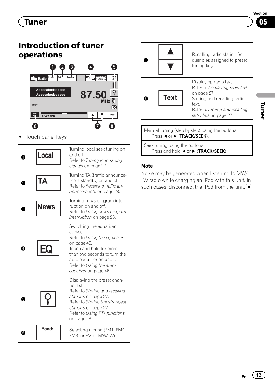 Tuner introduction of tuner operations, Introduction of tuner operations, Tuner | Pioneer AVH-3300BT User Manual | Page 13 / 96