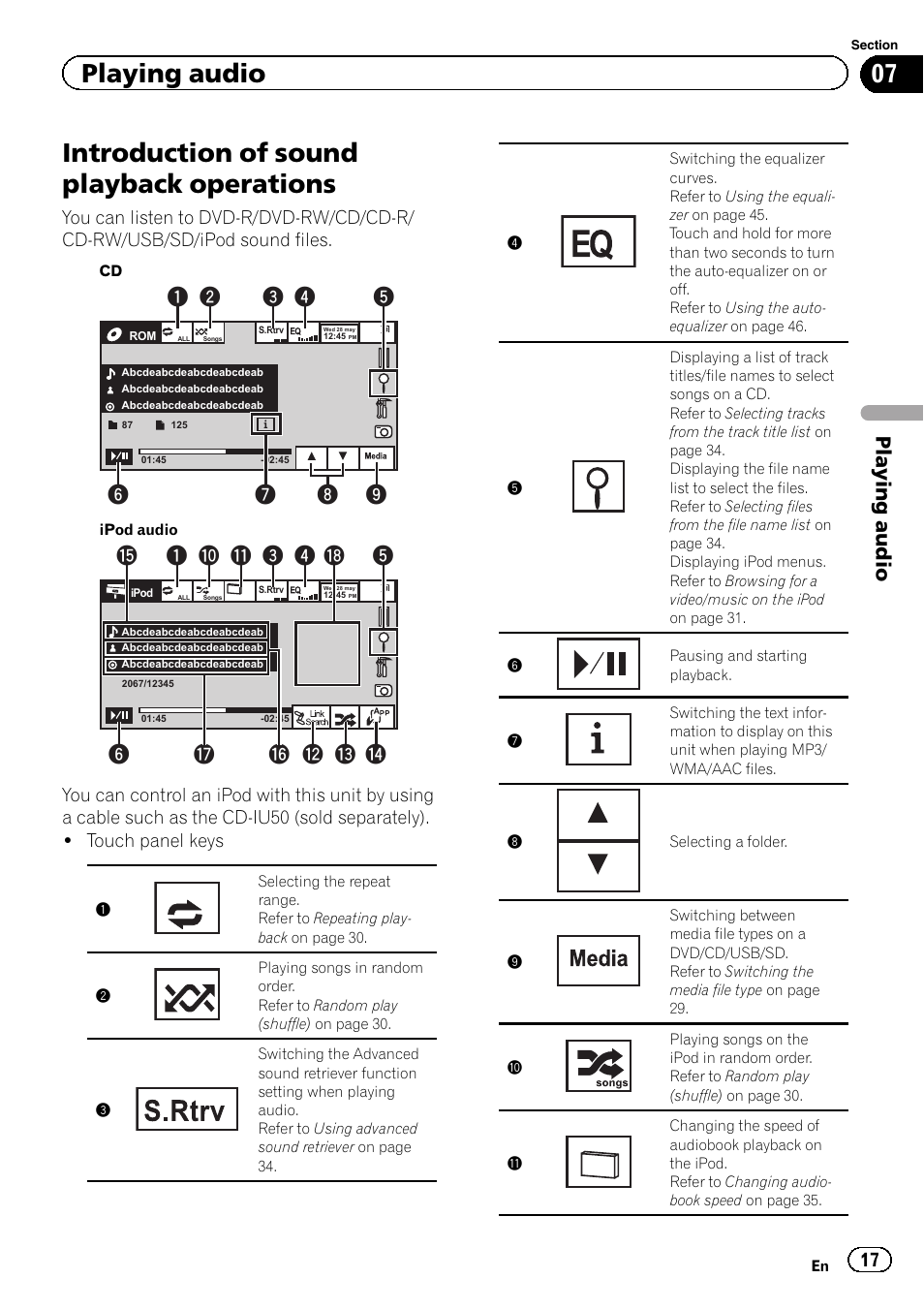 Playing audio introduction of sound playback, Operations, Introduction of sound playback operations | Playing audio | Pioneer AVH-3300BT User Manual | Page 17 / 96